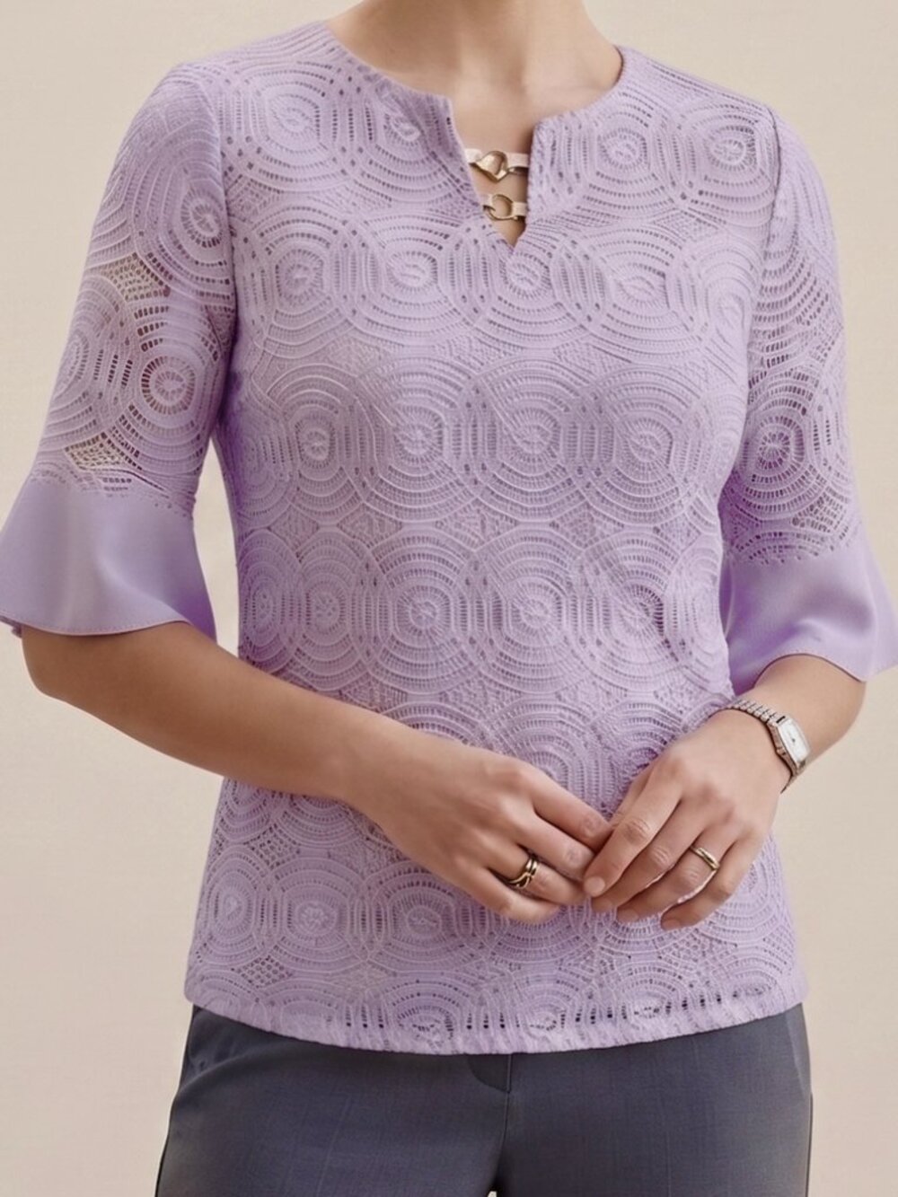 JM Collection Lace Circular Pattern Short Sleeve Blouse Ring Neckline Small